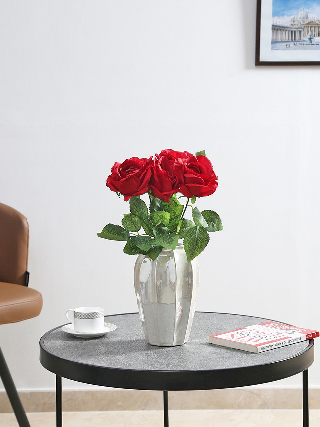 Deco World Beautiful Rose Flower Bunch for Home D?cor (40 cm Tall, 5 Heads, Red)