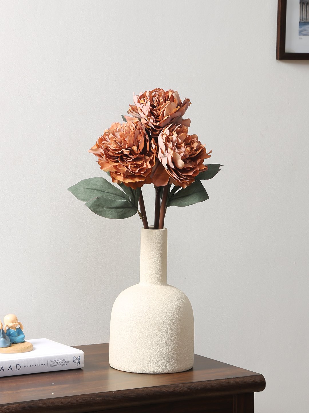 Deco World Beautiful Premium Peony Flower Bunch (44 cm Tall, 3 Heads, Brown)