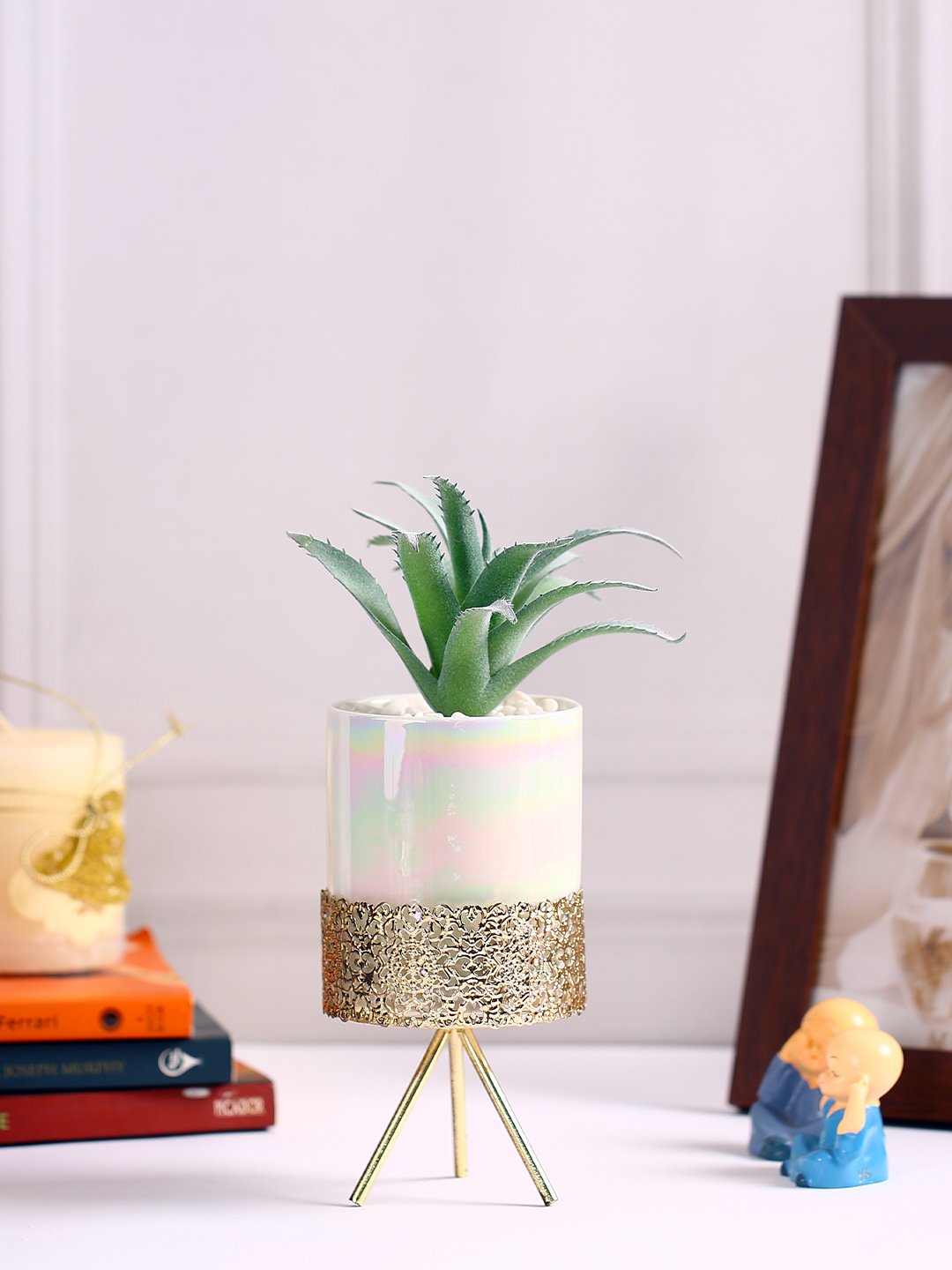Deco World Faux Succulent Plant with Golden Stand (15.5 cm Tall)