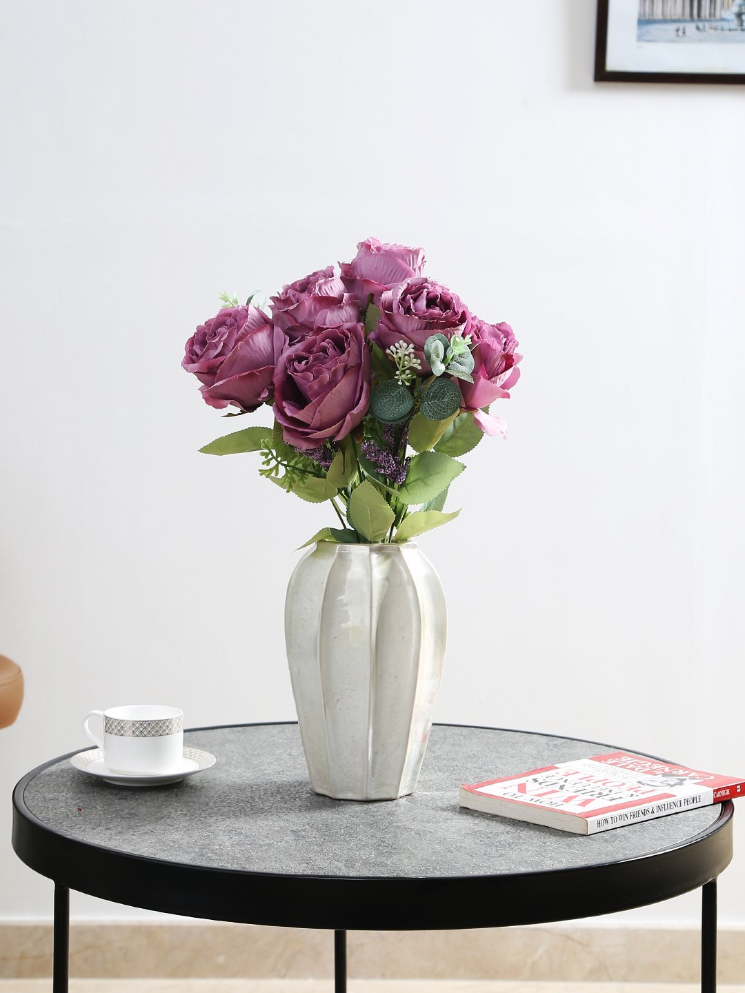 Deco World Premium Rose Flower Bunch for Home Decor (44 cm Tall, 6 Heads, Purple)