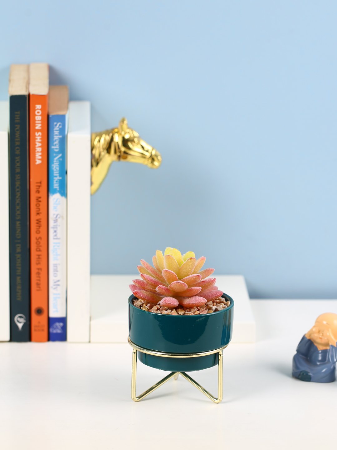 Deco World Artificial Succulent Plant with Ceramic Pot and Metal Stand (11.5 cm Tall)