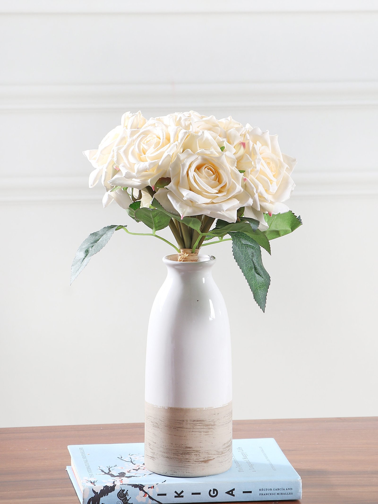 Artificial 10 HD Rose Flower Bunch – CREAM WHITE