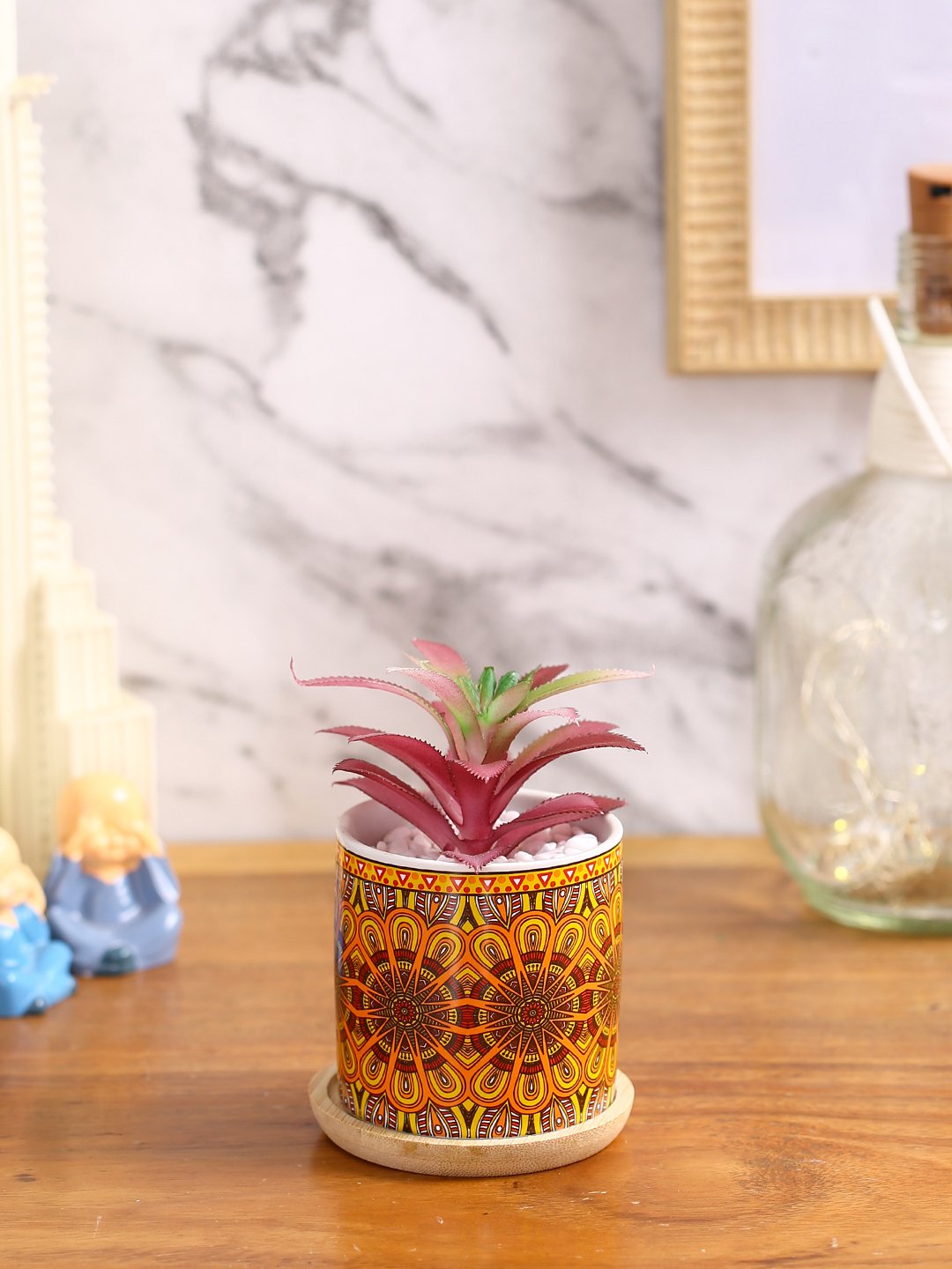 Deco World Stylish Succulent Plant with Printed Ceramic Vase (12.5 cm Tall)