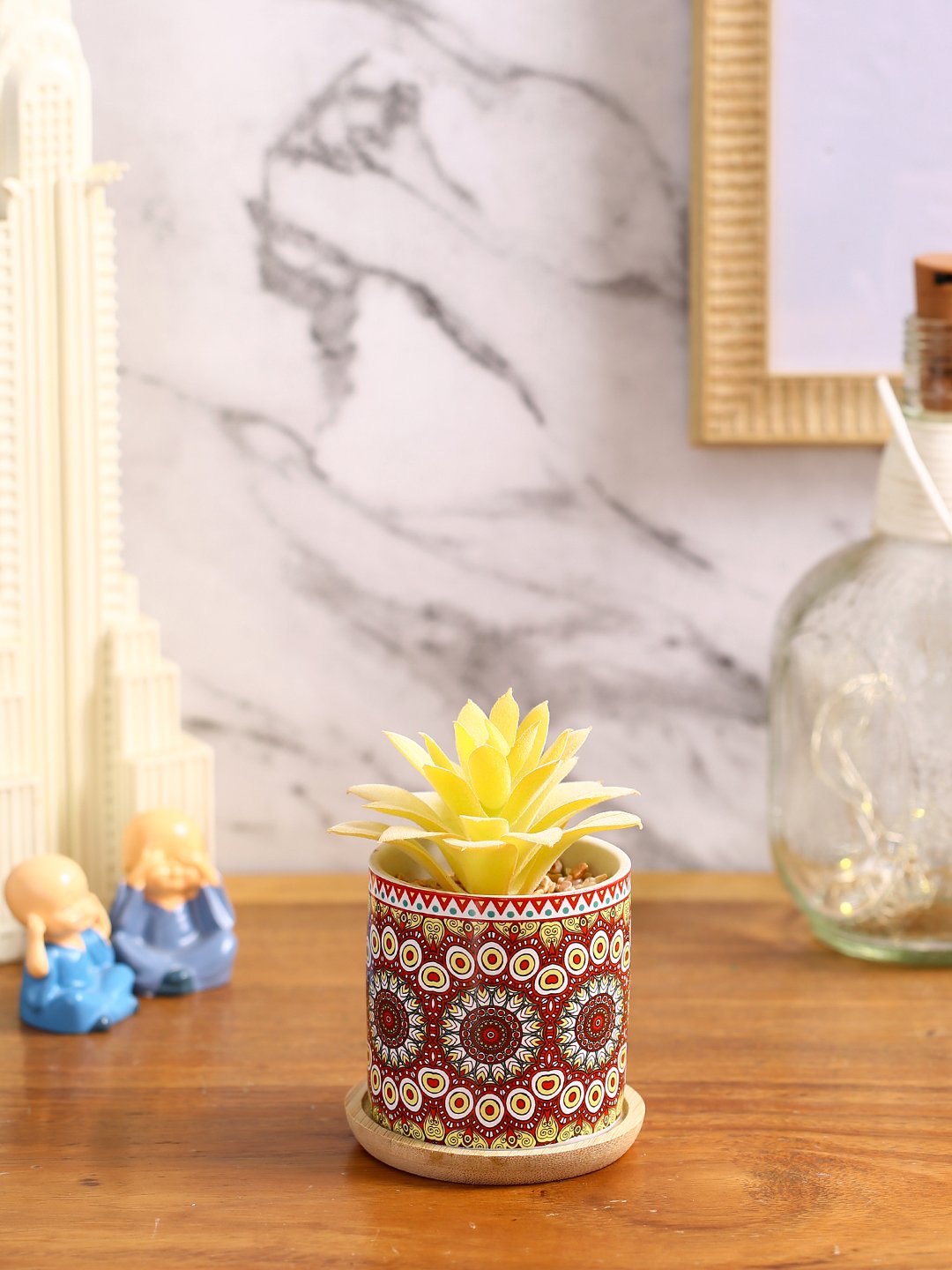 Deco World  Stylish Succulent Plant with Printed Ceramic Vase (12.5 cm Tall)