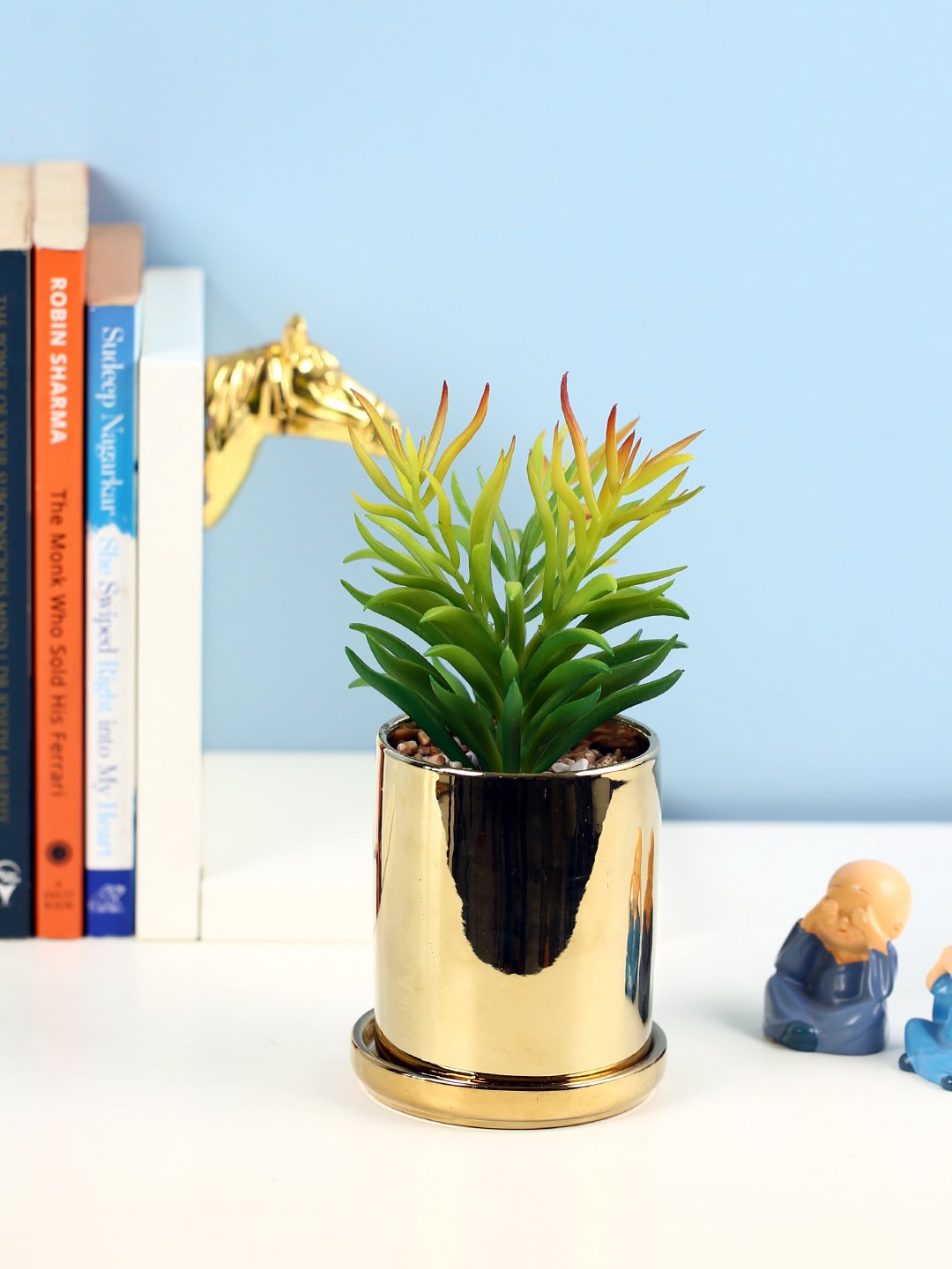 Deco World Stylish Succulent Plant with Golden Coaster (20 cm Tall)