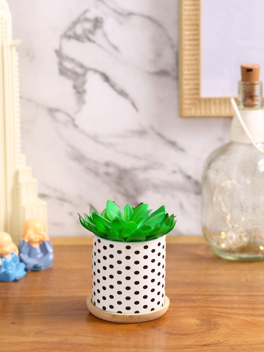 Deco World Stylish Succulent Plant with Printed Ceramic Vase (11 cm Tall)