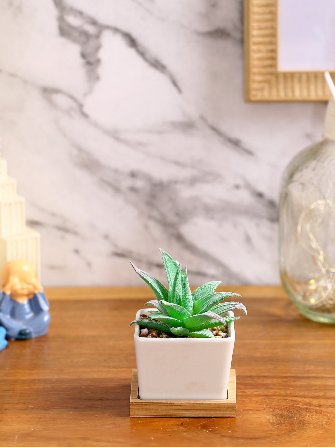 Deco World is Premium Succulent Plant with Wooden Coaster (9.5 cm Tall)