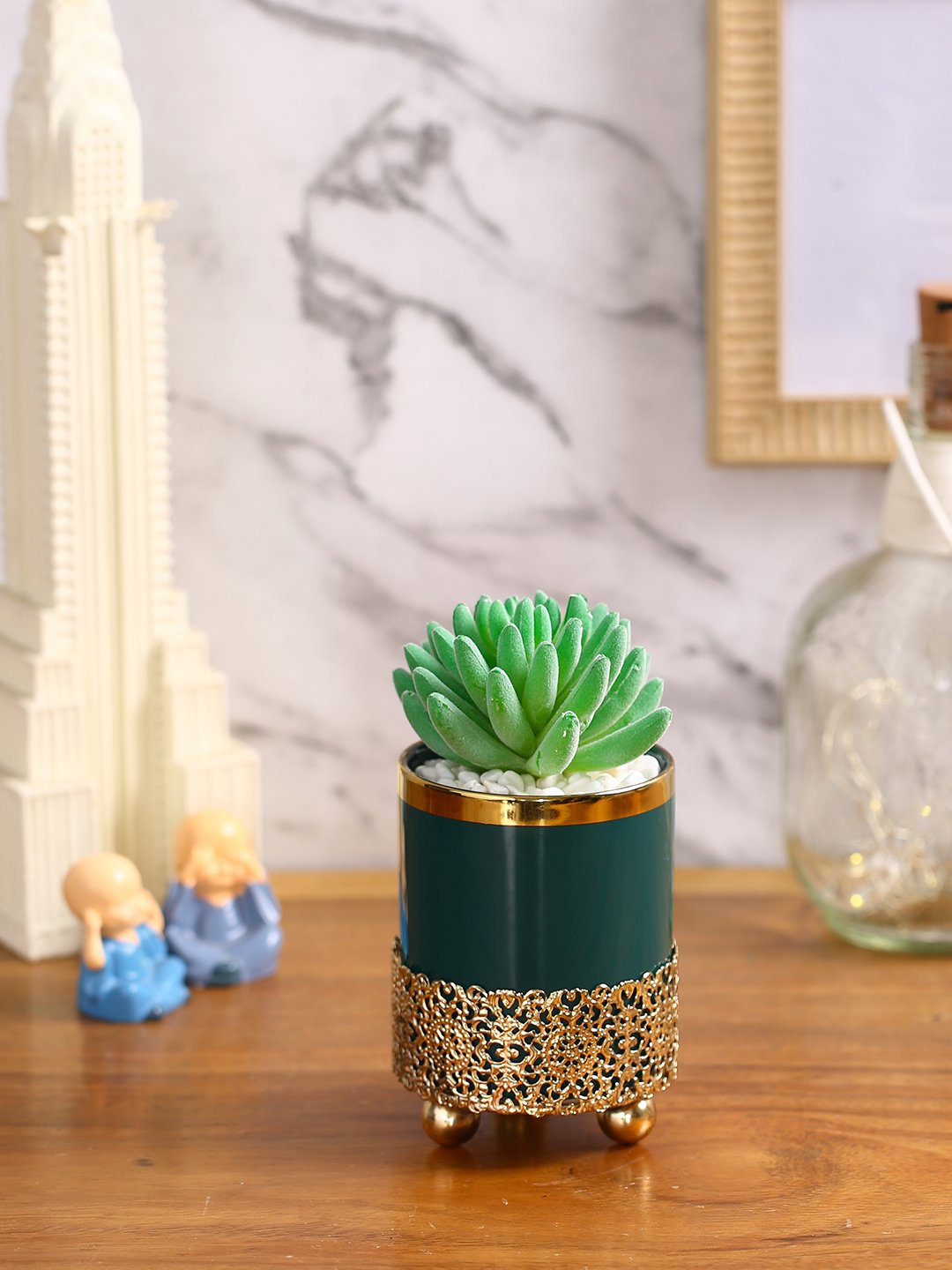 Deco World Faux Succulent Plant with Golden Stand (15.5 cm Tall)