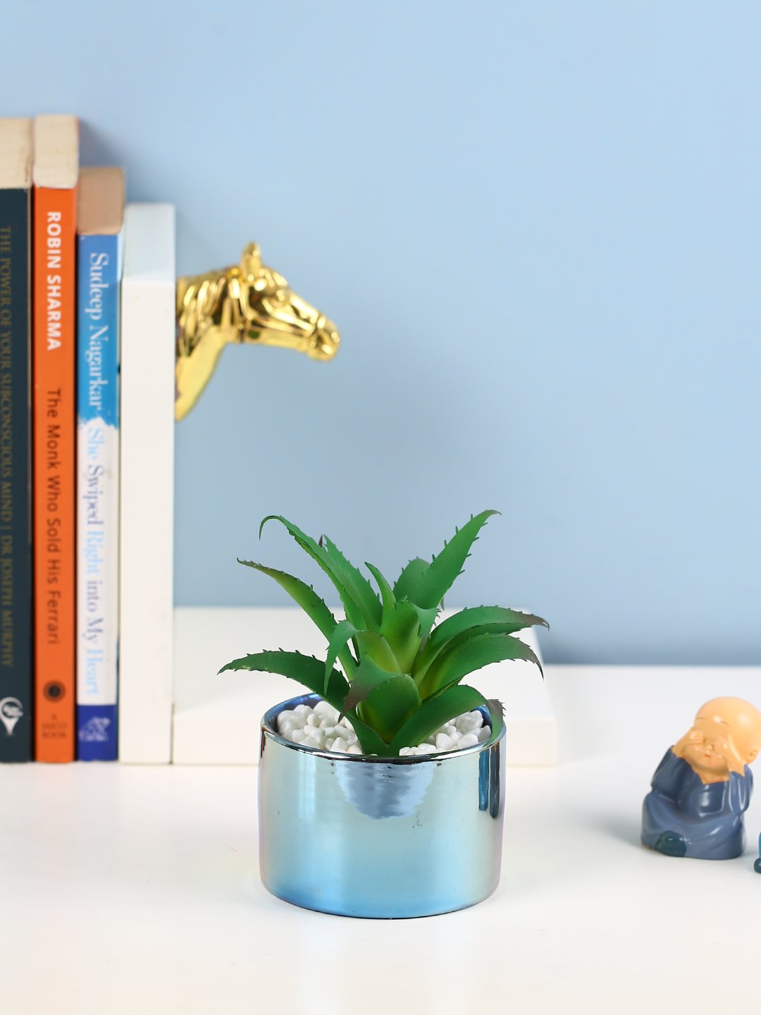 Deco World Faux Succulent Plant in Rainbow Ceramic Pot (12 cm Tall)