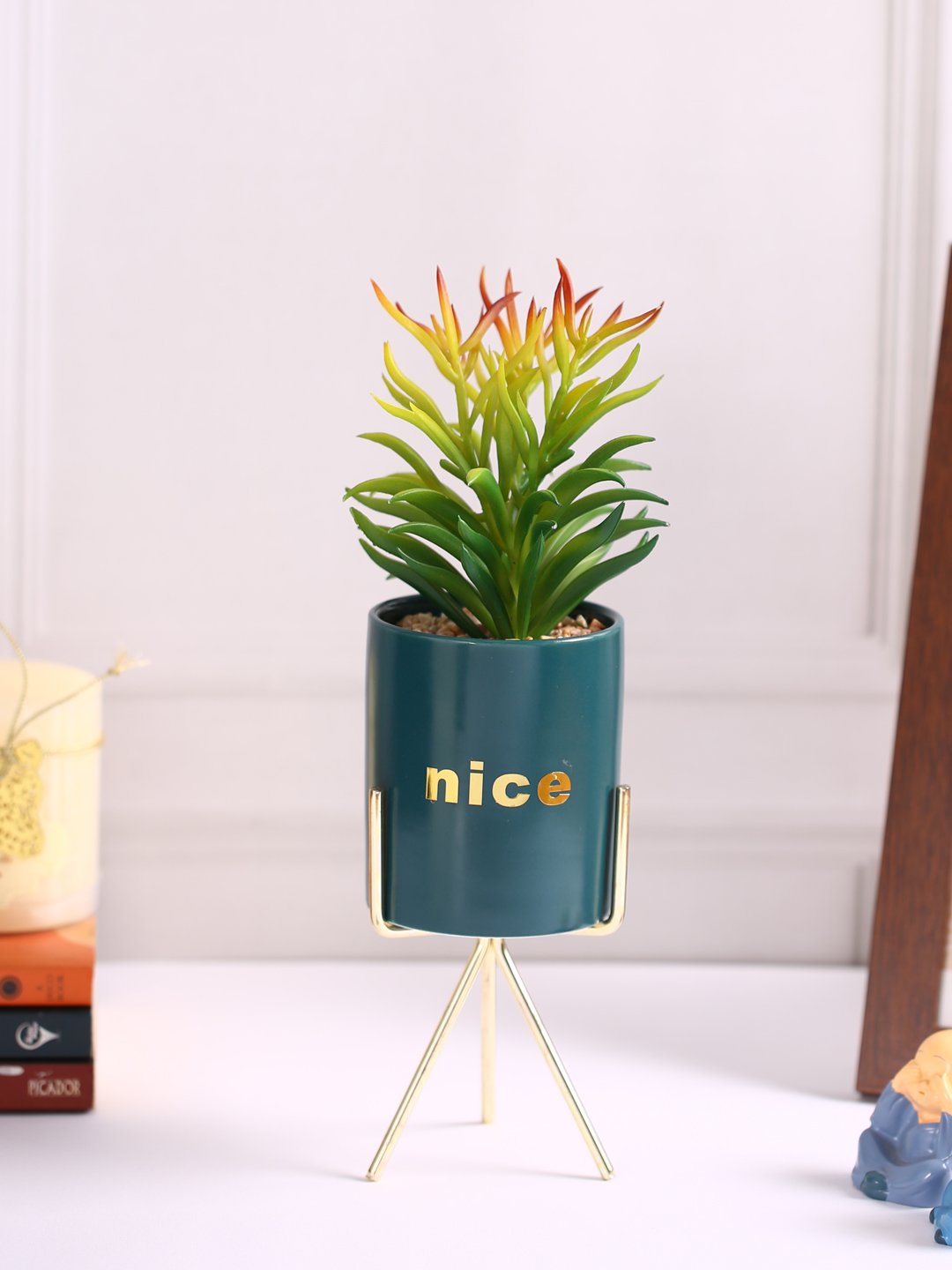 Deco World Elegant Succulent Plant with Metal Tripod Stand (28.5 cm Tall)