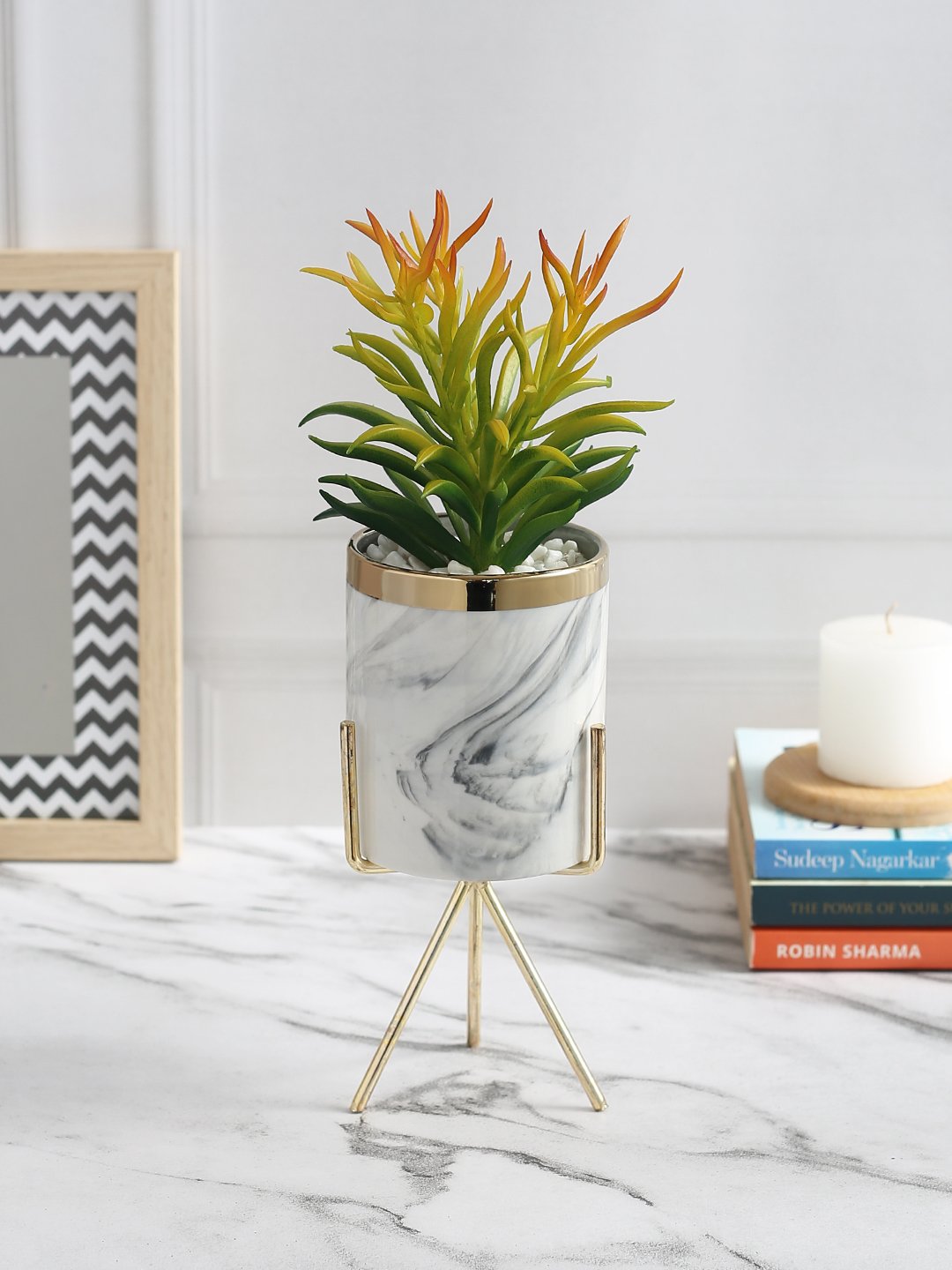 Deco World Elegant Succulent Plant with Metal Tripod Stand (28 cm Tall)