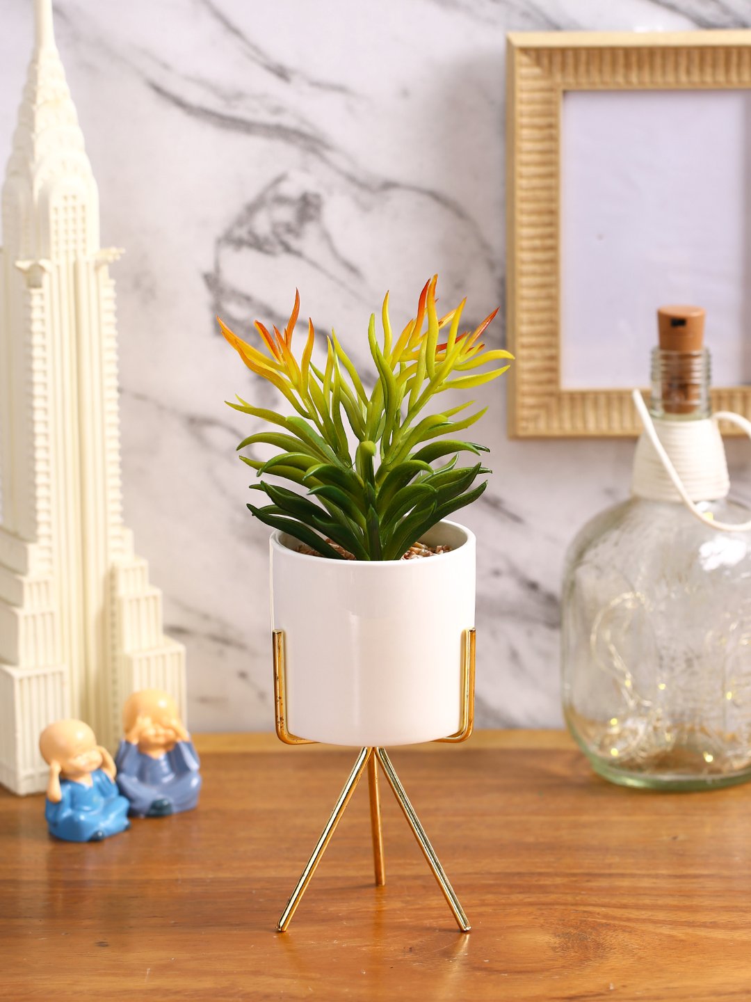 Deco World Elegant Succulent Plant with Metal Tripod Stand (25.5 cm Tall)