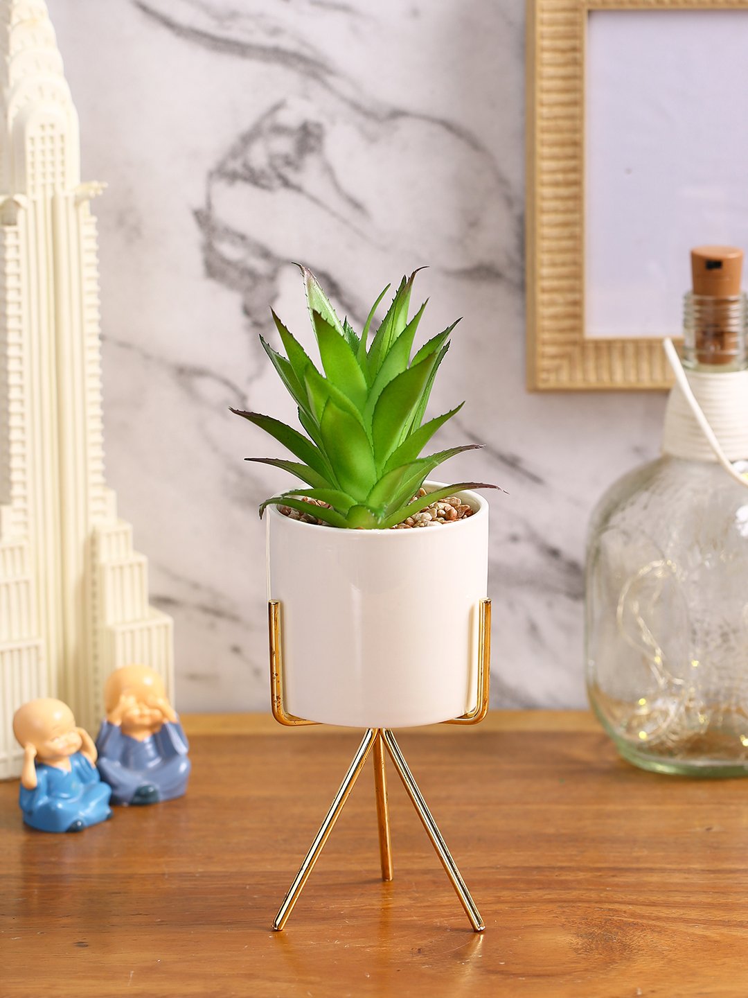 Deco World Elegant Succulent Plant with Metal Tripod Stand (25 cm Tall)